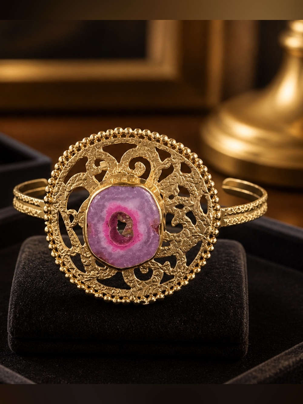 Gold Filigree Pink Agate Druzy Cuff Bracelet